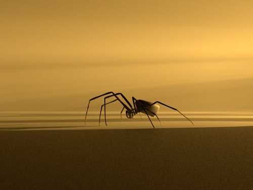 En edderkopp i metall inne i et rom der lyset kommer inn fra høyre side. Gullfarget bakgrunn. Foto