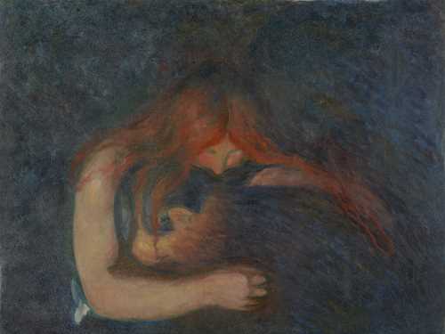 En mann begraver hodet sitt i fanget til en kvinne. Hun omfavner ham og legger munnen mot nakken hans. Det blodrøde håret hennes er drapert rundt mannens kropp. Rommet rundt dem er mørkt.