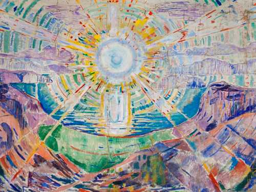 Et storslagent maleri av en soloppgang over et fjordlandskap. Solstrålene flommer mot deg. Himmelen vibrerer og sender blågrønne bølger utover fjorden.