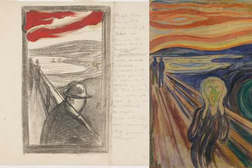 Til venstre er Fortvilelse, en kulltegning med samme bakgrunn som maleriet Skrik. I midten ser du maleriet Skrik og til høyre ser du et litografi av Skrik. Collage