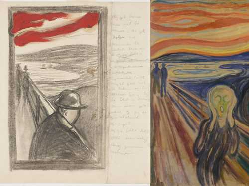 To the left is Despair, a charcoal drawing with the same background as the painting The Scream. In the centre, you see the painting The Scream, and to the right, there is a lithograph of The Scream. Collage.