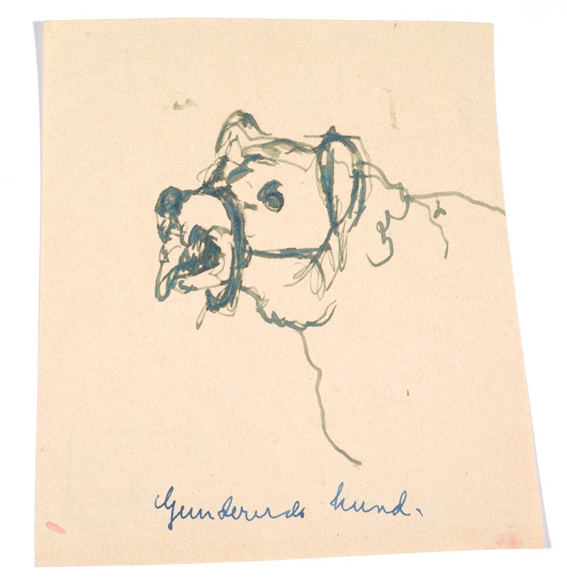 Edvard Munch: Hund med munnkurv (Gunneruds hund - Rolle), penn på papir ca. 1920. Foto © Munchmuseet