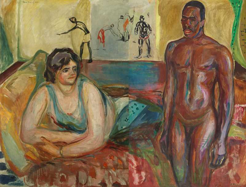 Edvard Munch: Cleopatra and the Slave, 1916. A pale-skinned woman lies on her side, looking toward a naked dark-skinned man who stands beside her. Painting