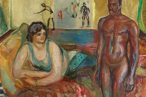 Edvard Munch: Kleopatra og slaven, 1916. En hvithudet kvinne ligger på siden og ser mot en naken mørkhudet mann som står ved siden av henne. Maleri
