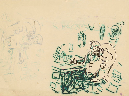 Edvard Munch sits, visibly exasperated, at his writing desk surrounded by a chaos of letters. Hectography.