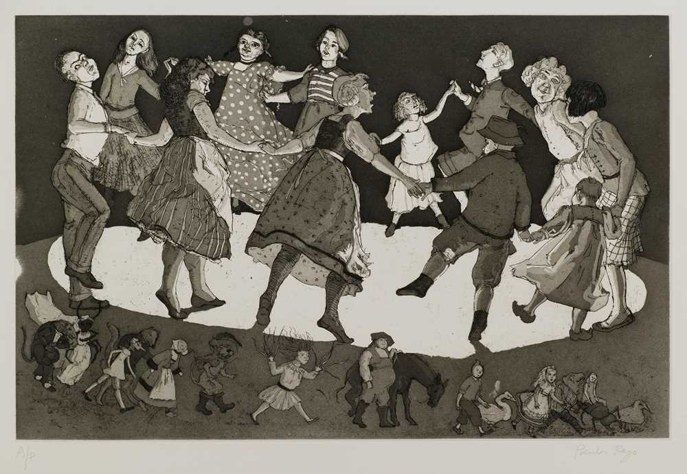 Foto av Paula Regos kunstverk Children and Their Stories fra 1989. Et maleri av barn som danser rundt i ring mens de holder hender.