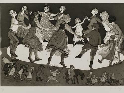 Foto av Paula Regos kunstverk Children and Their Stories fra 1989. Et maleri av barn som danser rundt i ring mens de holder hender.