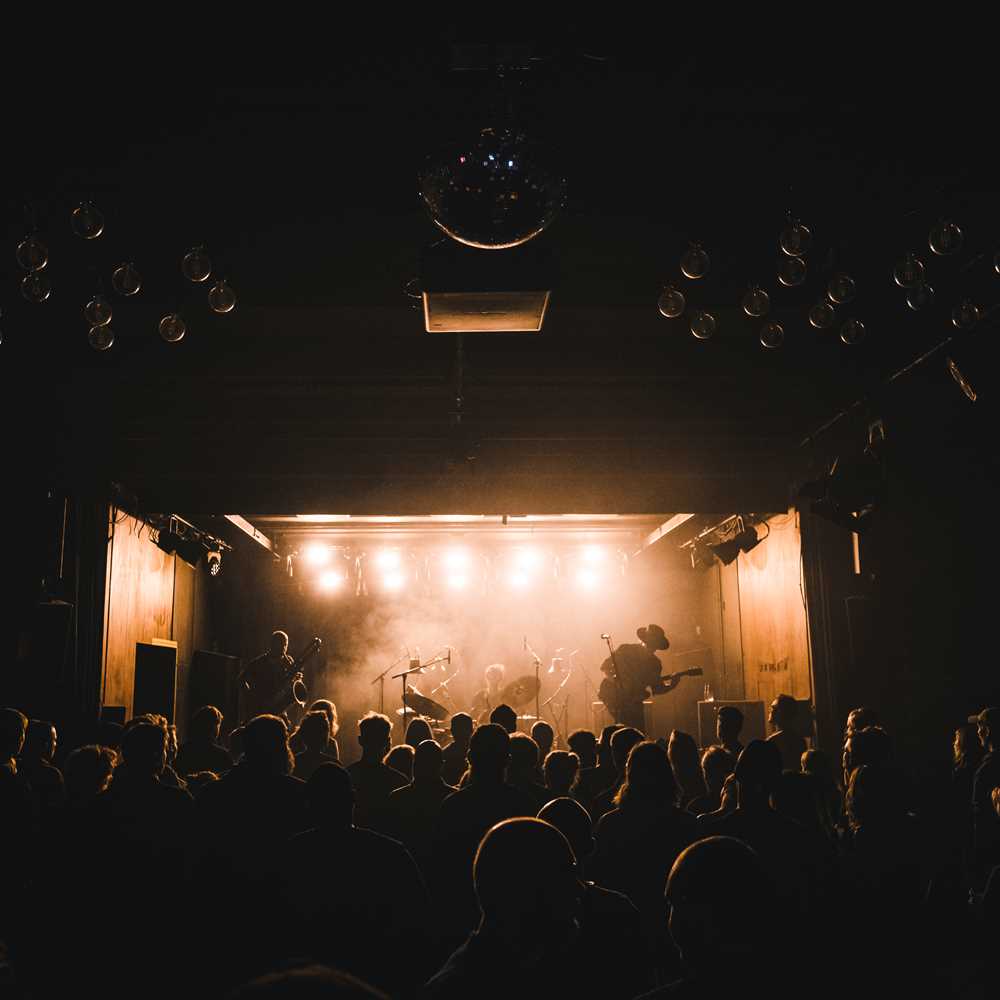 Concert photo of a band playing on stage for with a big crowd