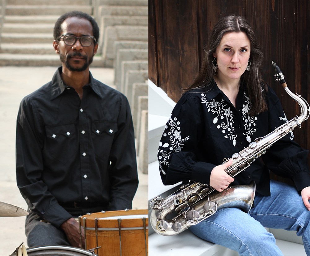 Portrait of a man on drums and a woman on saxophone