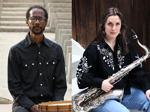 Portrait of a man on drums and a woman on saxophone