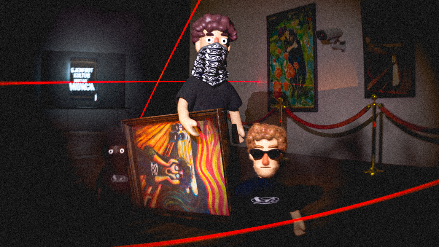 An illustration of three masked boys stealing Edvard Munchs The Scream painting