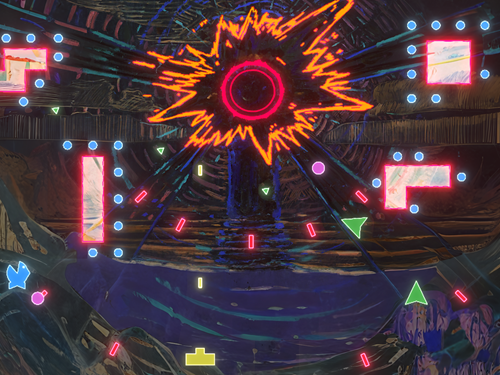 An image from the video game Munch Arcade. The painting The Sun is in the background, with Tetris blocks falling in the foreground. Graphics.