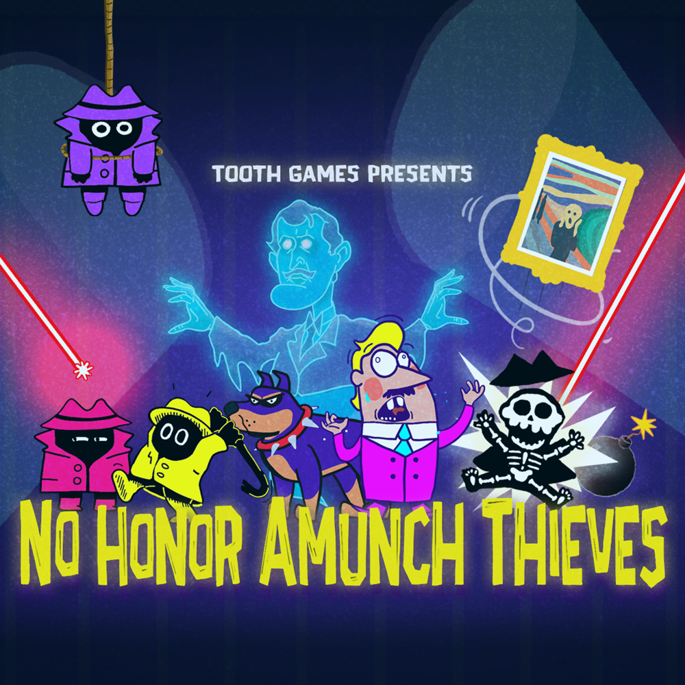 A drawing in bright colours depicts Edvard Munch as a ghost, a man with a pointed nose, yellow hair, and a pink suit, a skeleton being electrocuted, and the painting The Scream. Graphics.