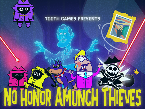 Tegning i klare farger viser Edvard Munch som et spøkelse, en mann med spiss nese med gult hår og rosa dress, et skjelett som får støt og maleriet Skrik. Grafikk