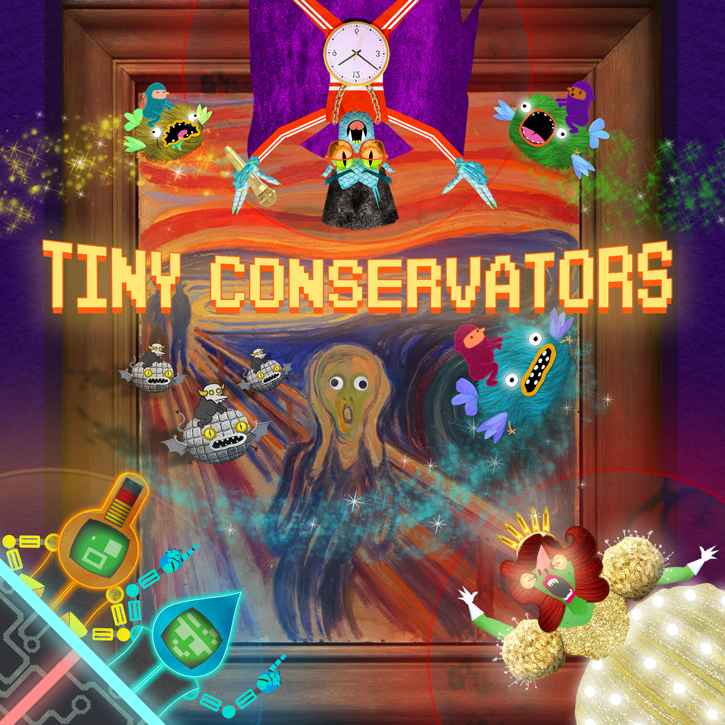 Illustration from the game Tiny Conservators showing the painting The Scream, surrounded on all sides by forces trying to destroy it and forces trying to save it. Illustration.