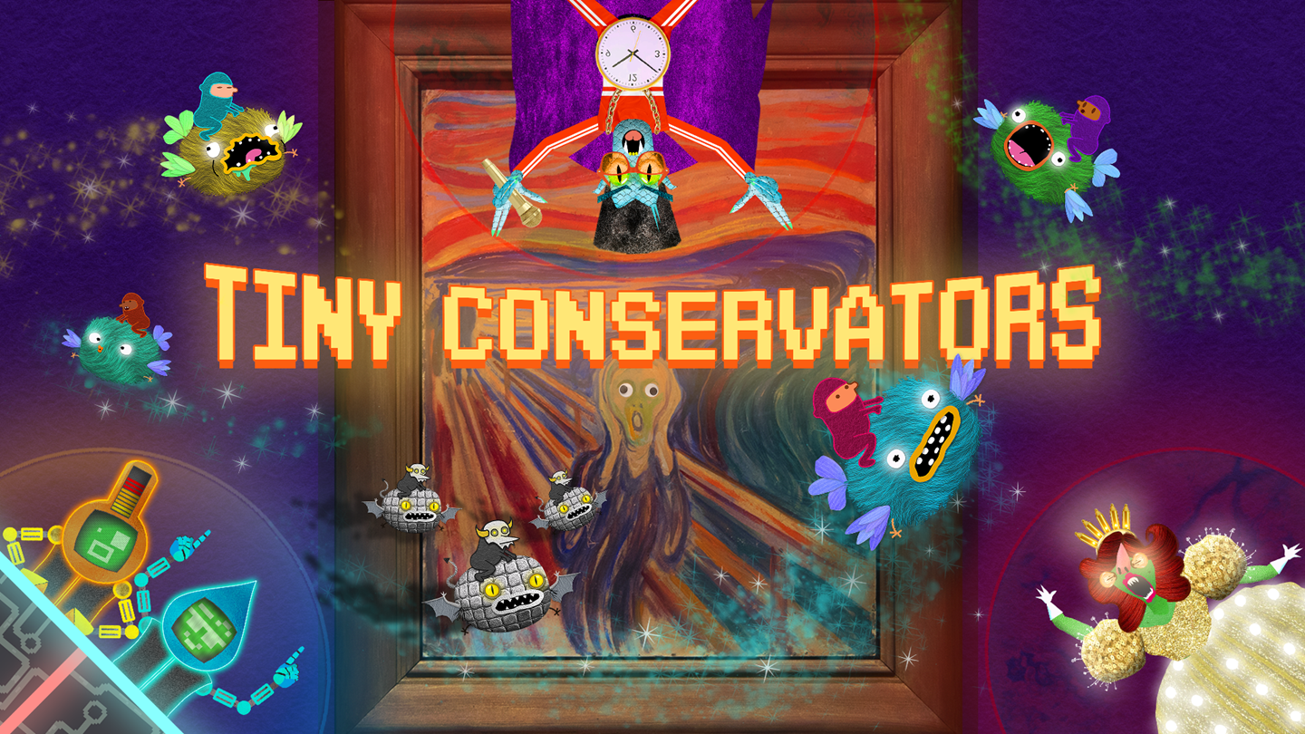 Illustrasjon fra spillet Tiny Conservators der du ser maleriet Skrik og rundt på alle kanter ser du kreftene som forsøker å ødelegge maleriet og kreftene som forsøker å redde det.Illustrasjon