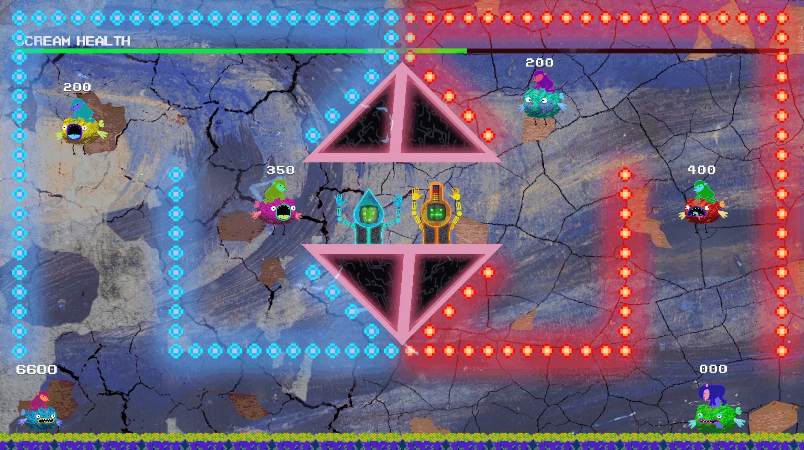 Skjermbilde fra spillet Tiny Conservators der du ser en slags lysende labyrint i blått og rødt og to bosser i midten av bildet. Skjermbilde