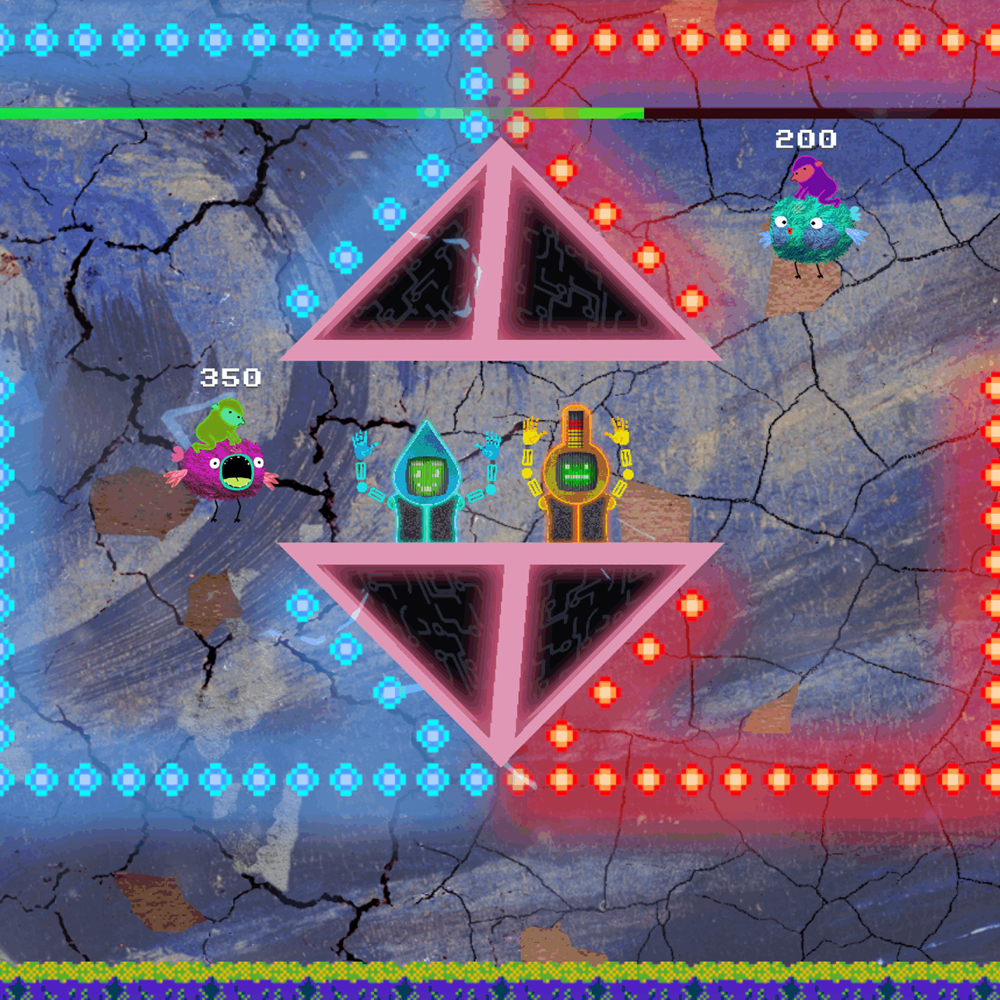 Screenshot from the game Tiny Conservators showing a glowing blue and red maze with two bosses in the centre of the image. Screenshot.