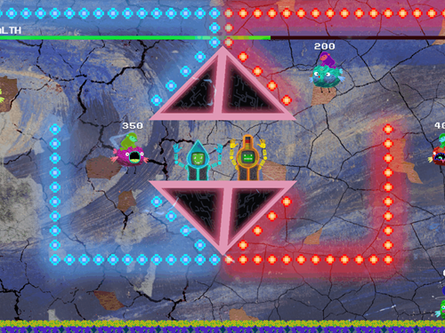 Skjermbilde fra spillet Tiny Conservators der du ser en slags lysende labyrint i blått og rødt og to bosser i midten av bildet. Skjermbilde