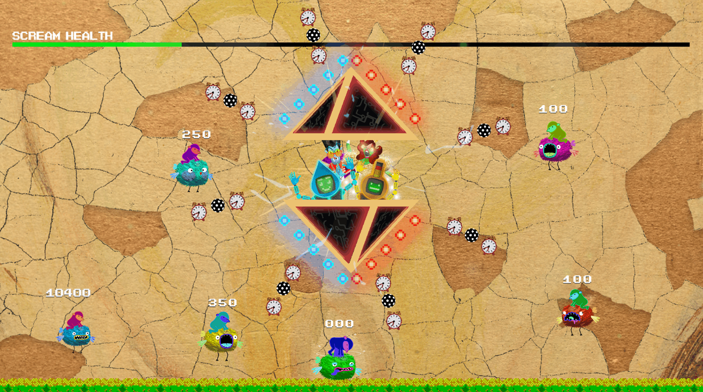 Skjermbilde fra spillet Tiny Conservators som viser flyvende figurer som kjemper mot onde krefter som vil ødelegge maleriet. Skjermbilde