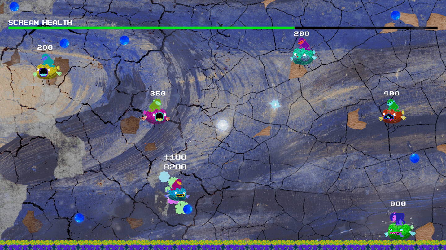 Skjermbilde fra spillet Tiny Conservators  som viser et lite utsnitt av maleriet Skrik og flere flyvende figurer som jobber for å bevare maleriet. Skjermbilde