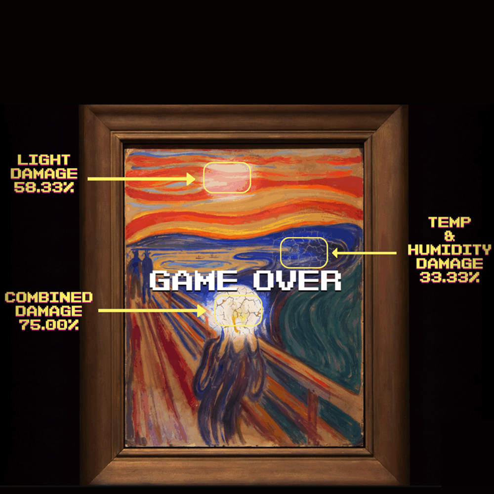 Screenshot from the game Tiny Conservators showing ‘Game Over’ and a painting that has sustained too much damage. Screenshot.