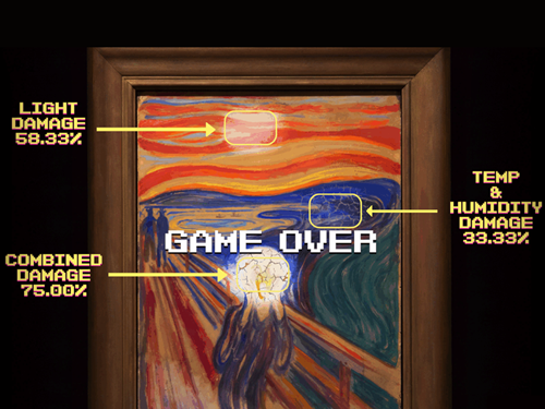 Skjermbilde fra spillet Tiny Conservators der det står Game over og man ser at maleriet har fått for mange skader. Skjermbilde