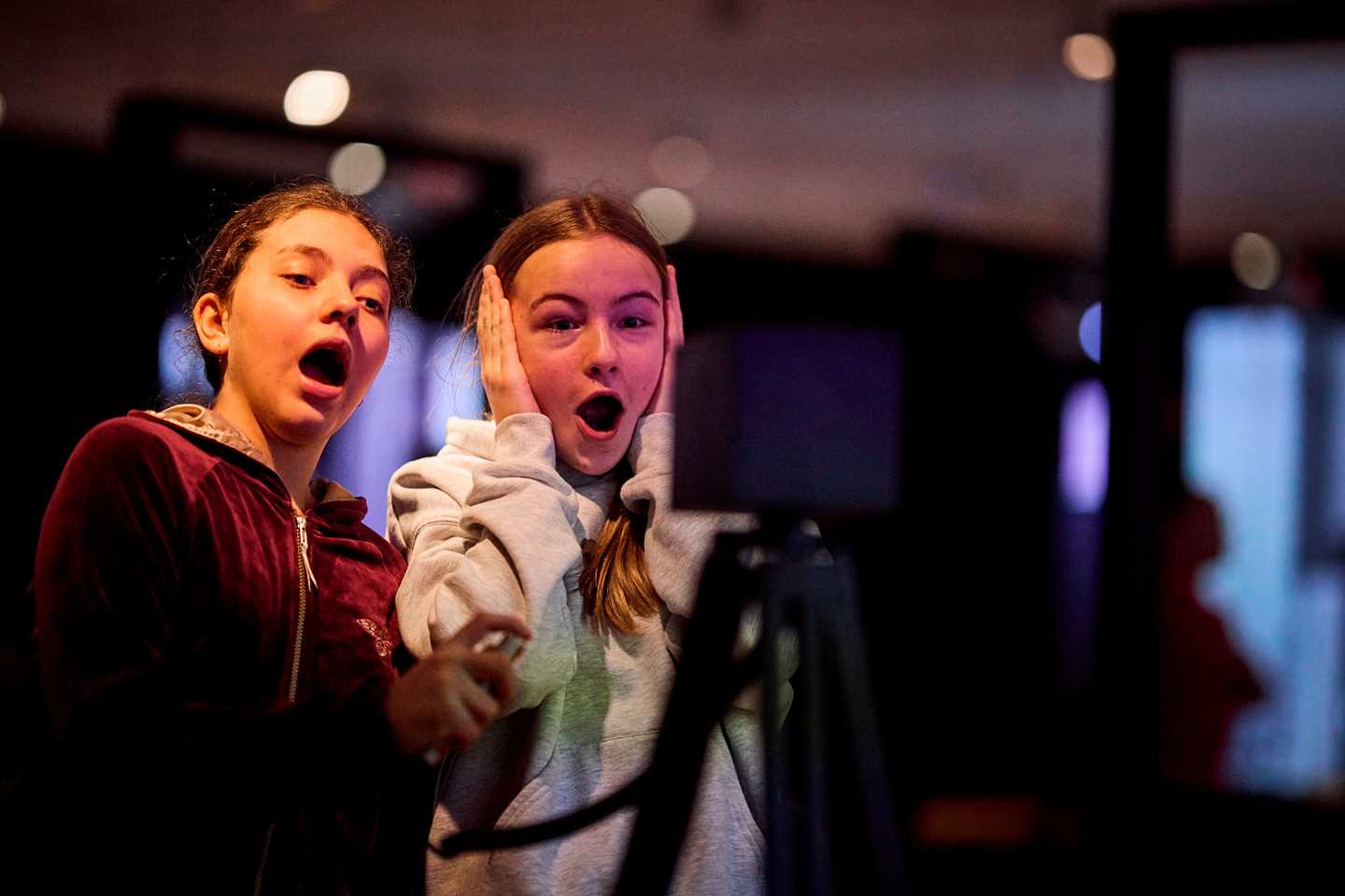 Two young girls pose as The Scream in front of an old camera. Photograph.