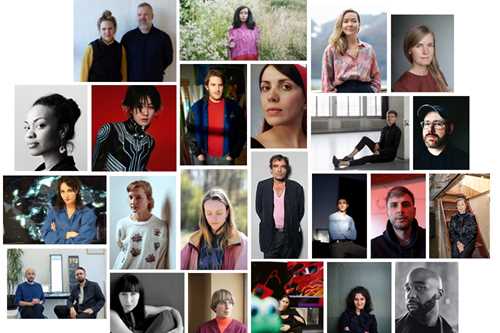 Collage of portrait photos of all 25 artists who participated in the MUNCH Triennale 2022. Photo collage.