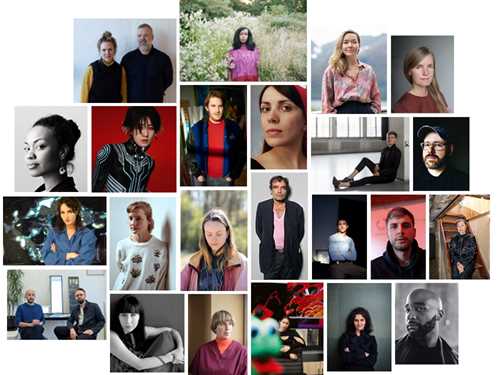 Collage of portrait photos of all 25 artists who participated in the MUNCH Triennale 2022. Photo collage.