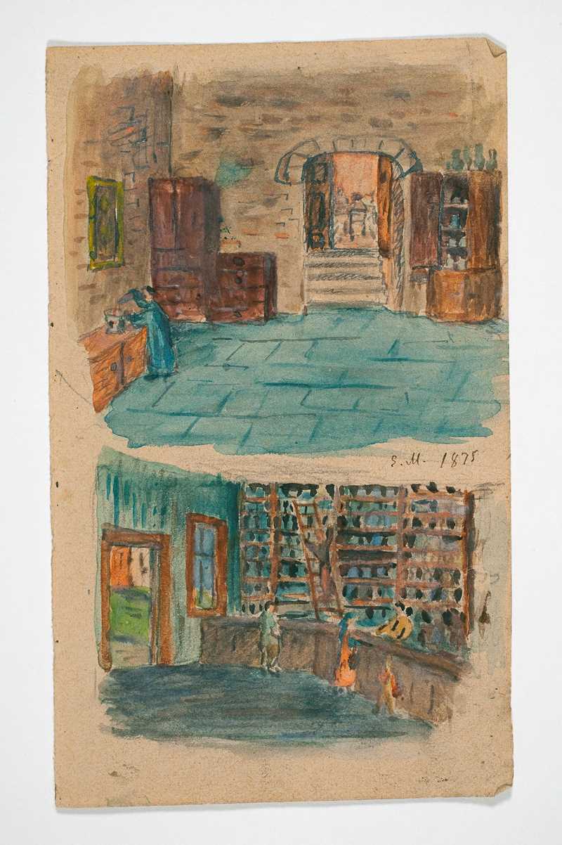 A page featuring two separate interior scenes, from a sketch book by Edvard Munch aged 12. In the upper image, we see a stone chamber inside a castle, with grey walls and blue flagstones on the floor. Wooden cabinets stand against the wall, and steps lead upwards through an arched doorway. On the left, a figure in a blue robe is at work on a wooden workbench, preparing chemicals. The lower image shows a more modern chemist’s shop. Three customers wait at a long counter. The wall behind the counter is filled with shelves of bottles and jars of medicines. One assistant serves the customers while another stands on a ladder.