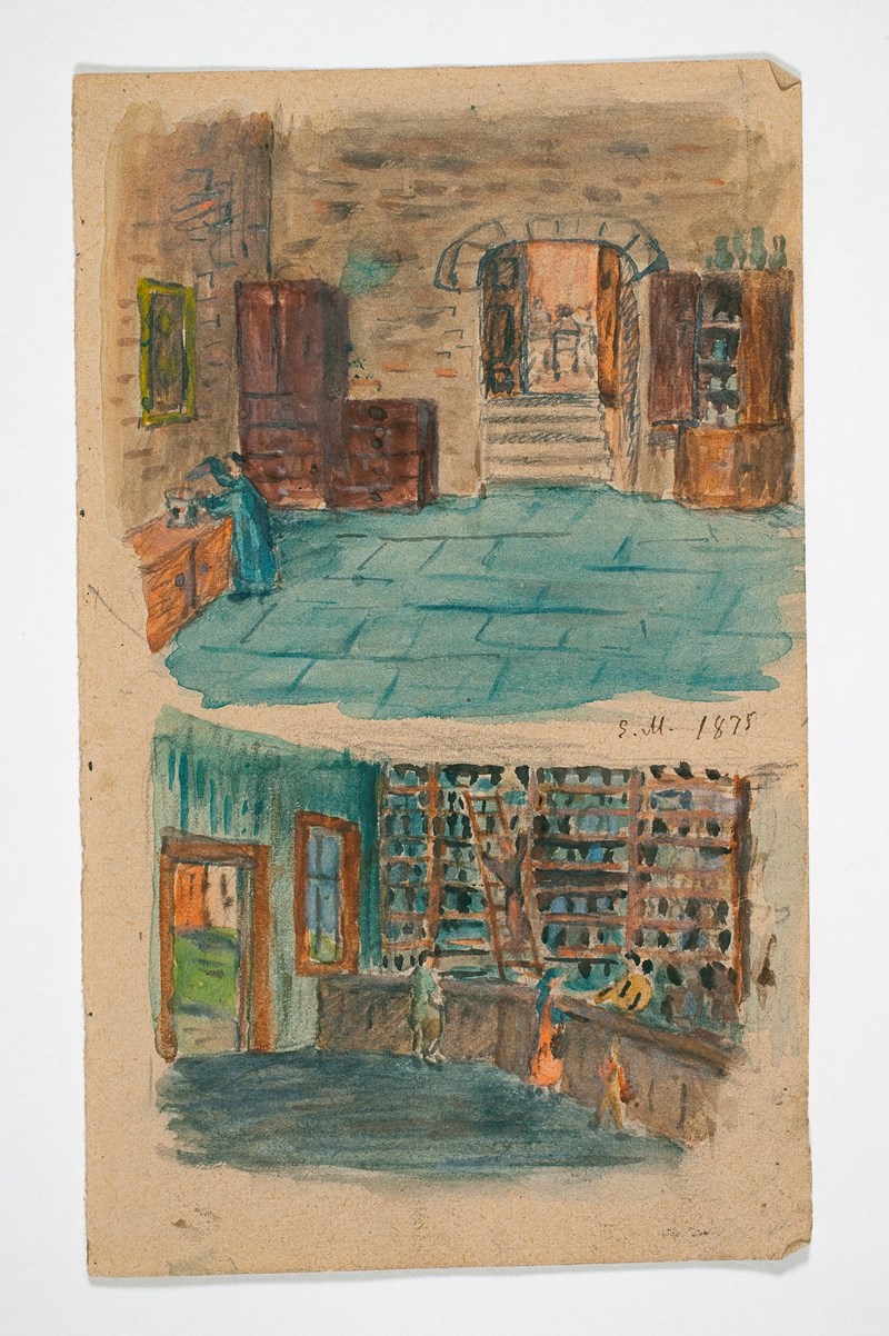 A page featuring two separate interior scenes, from a sketch book by Edvard Munch aged 12. In the upper image, we see a stone chamber inside a castle, with grey walls and blue flagstones on the floor. Wooden cabinets stand against the wall, and steps lead upwards through an arched doorway. On the left, a figure in a blue robe is at work on a wooden workbench, preparing chemicals. The lower image shows a more modern chemist’s shop. Three customers wait at a long counter. The wall behind the counter is filled with shelves of bottles and jars of medicines. One assistant serves the customers while another stands on a ladder.