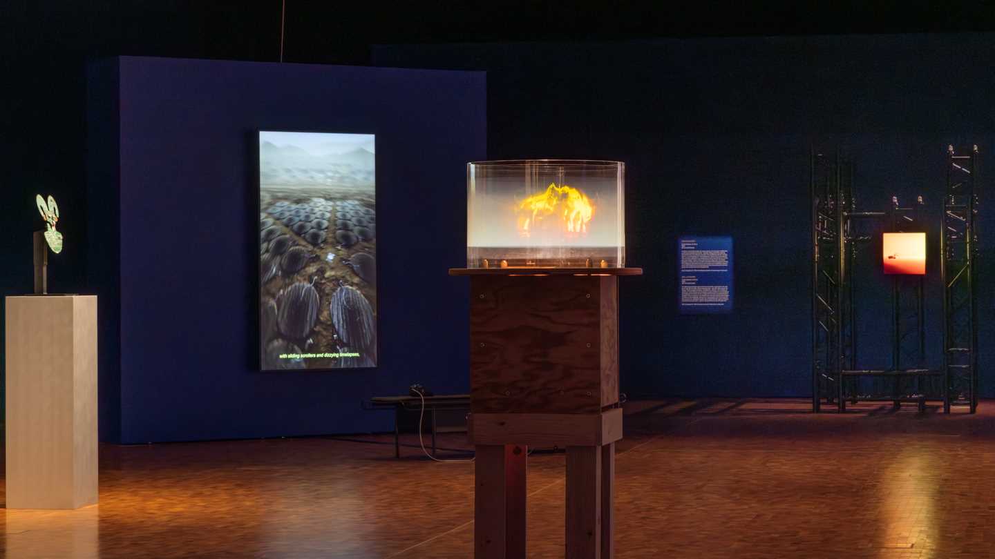 Utsnitt av utstillingssalen til MUNCH Triennale – Nesten uvirkelig, der vi ser fire av utstillingens verk. Fotografi