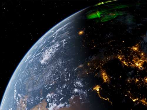 En del av jordkloden sett fra verdensrommet der deler av jordkloden sprekker opp og gnistrer. Skjermbilde