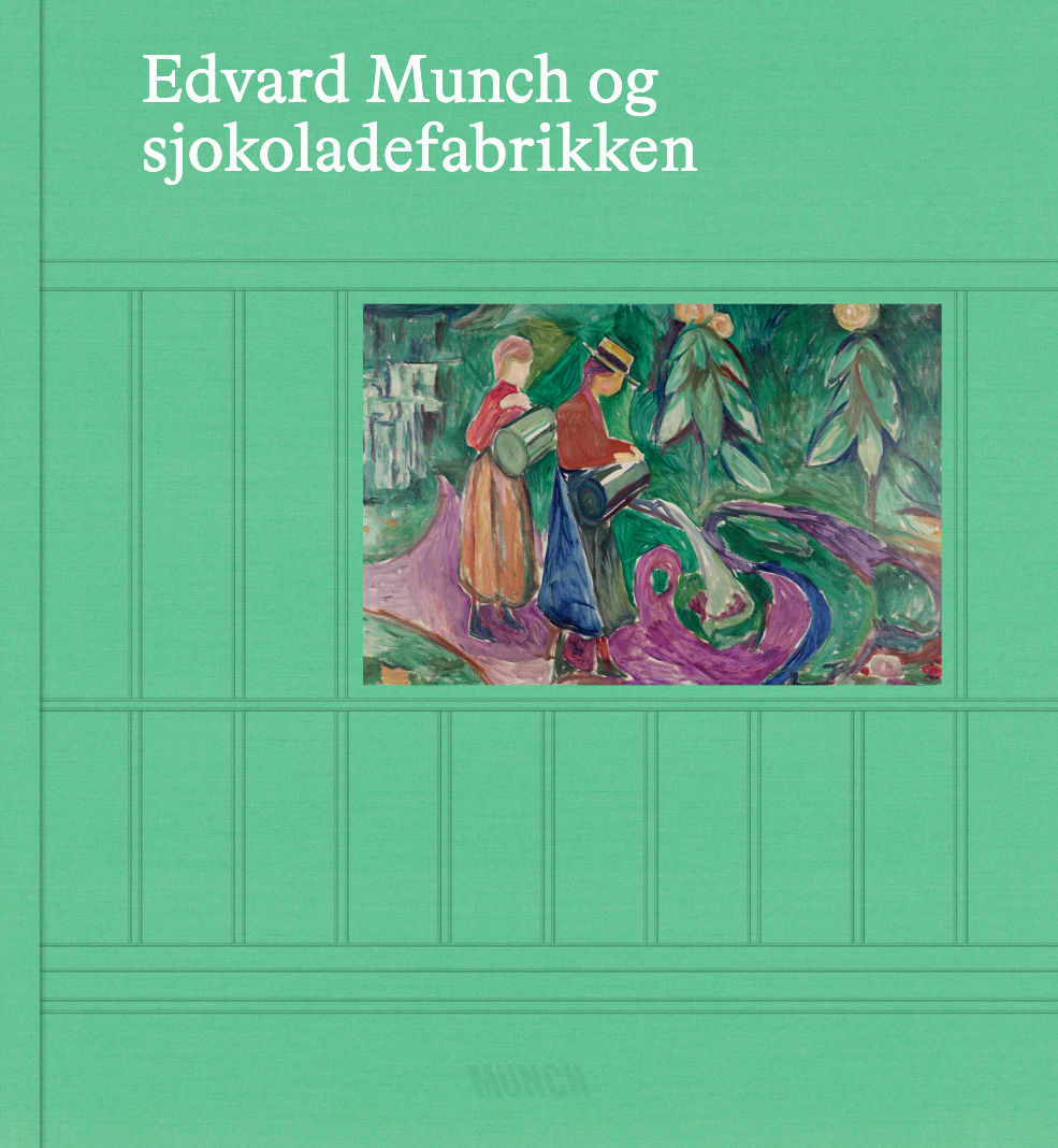 The book cover of Edvard Munch and the Chocolate Factory. The book is light green, featuring the painting Girls Watering Poppies on the front. Around the image are drawn lines reminiscent of the sketches Edvard Munch used while creating his works. Book cover.