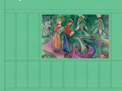 The book cover of Edvard Munch and the Chocolate Factory. The book is light green, featuring the painting Girls Watering Poppies on the front. Around the image are drawn lines reminiscent of the sketches Edvard Munch used while creating his works. Book cover.