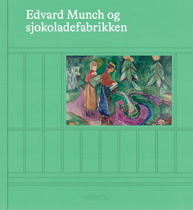 The book cover of Edvard Munch and the Chocolate Factory. The book is light green, featuring the painting Girls Watering Poppies on the front. Around the image are drawn lines reminiscent of the sketches Edvard Munch used while creating his works. Book cover.