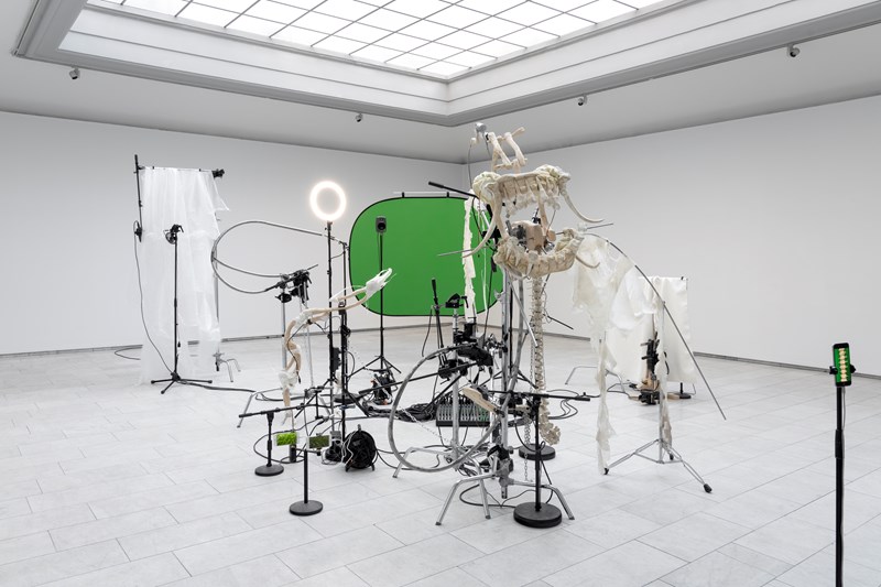 A white gallery space with an installation in the centre. The installation consists of many different elements, including a green screen, photo lights, skeletal parts cut from wood, and microphone stands. Photograph.