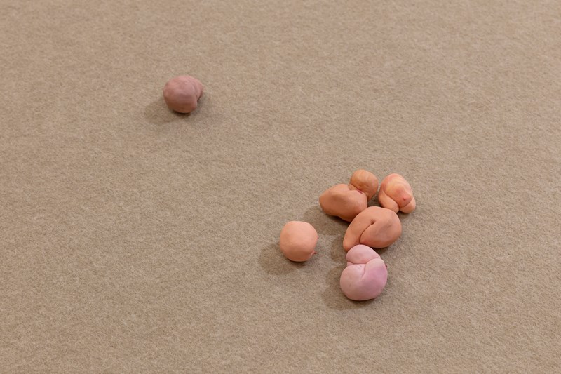 Close-up of part of the installation. On a sand-coloured floor lie small figures in shades of pink, orange, and brown that appear bodily in form. Photograph.