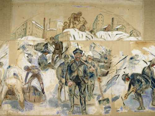 Edvard Munch: Arbeidere på byggeplassen. Utkast til utsmykning av Oslo rådhus. Olje på ugrundert lerret, 1931-1933. Foto © Munchmuseet