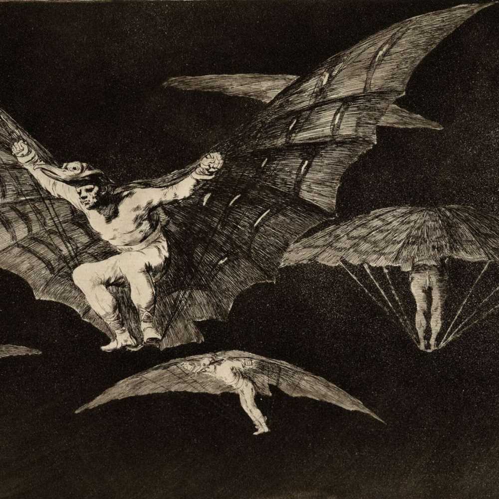 Francisco de Goya, En måte å fly på, 1816–23 (Nr. 13, Dårskapene). Etsning, akvatint og koldnål.