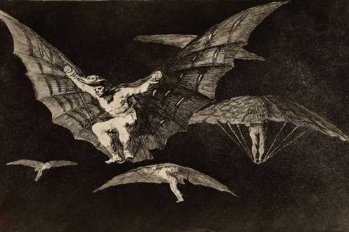 Francisco de Goya, En måte å fly på, 1816–23 (Nr. 13, Dårskapene). Etsning, akvatint og koldnål.