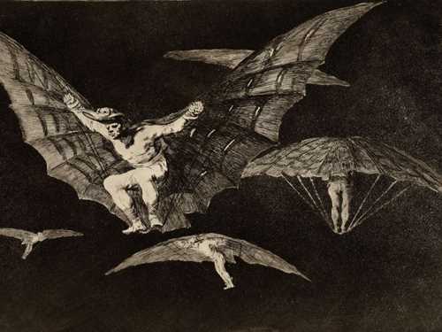 Francisco de Goya, En måte å fly på, 1816–23 (Nr. 13, Dårskapene). Etsning, akvatint og koldnål.