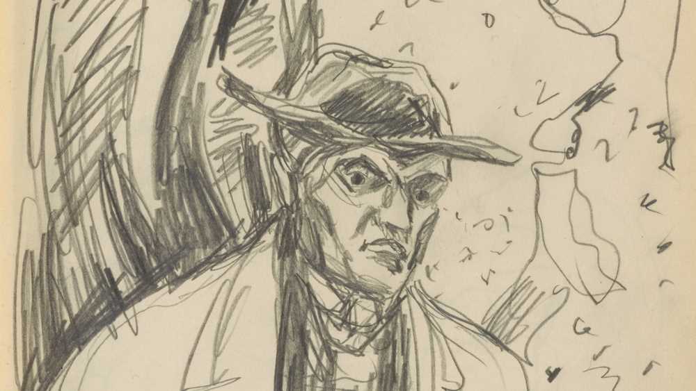 Edvard Munch in half-figure, wearing a hat and coat outdoors. Drawing