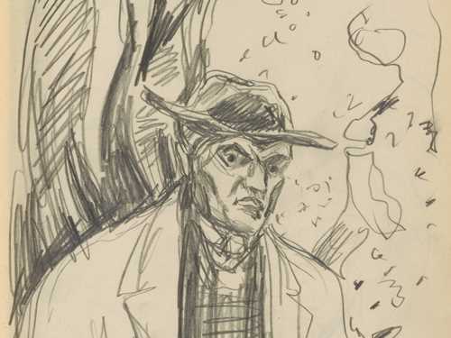 Edvard Munch in half-figure, wearing a hat and coat outdoors. Drawing