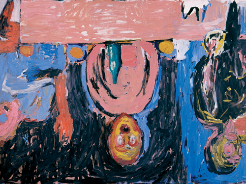 Georg Baselitz: Nachtessen in Dresden. A table with four persons painted upside down.