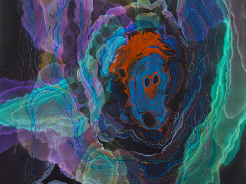 Kerstin Brätsch, Unstable Talismanic Rendering _Schrätte, 2017. Pigment, akvarell, blekk og løsemidler på papir.