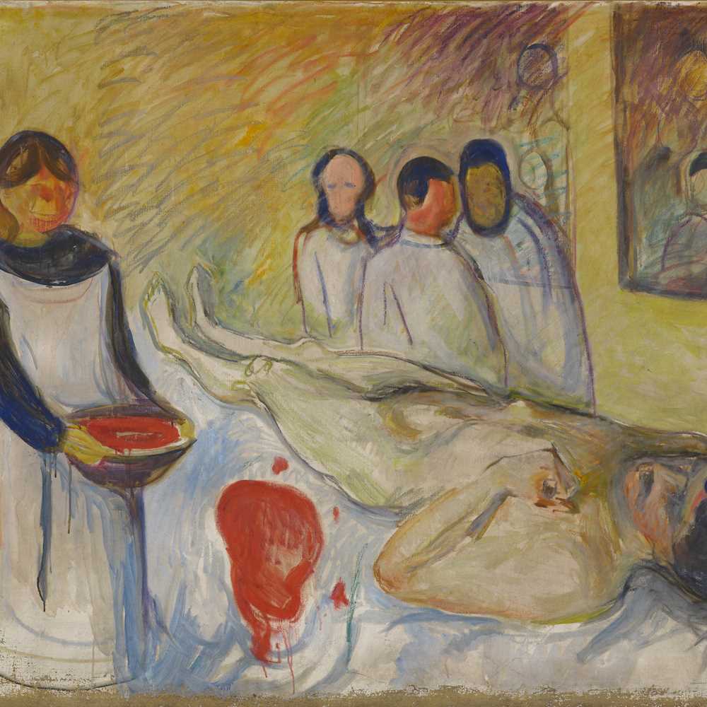 A man on the operation table, on his back, with the head towards the lower right corner. On the left hand side you see a nurse and in the back of the painting you see a group of three doctors.