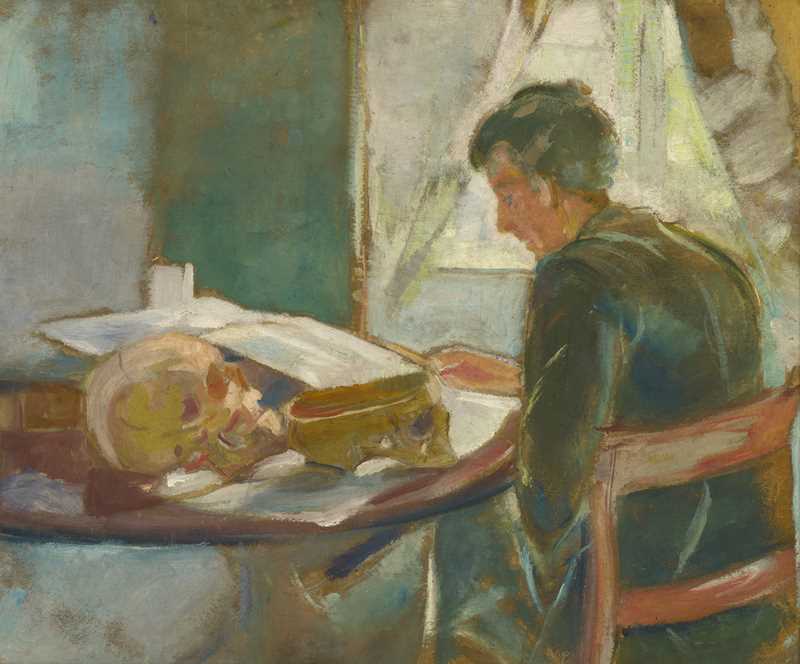 Portrett av Andreas: På høyre side av maleriet sitter en mann ved et bord. Det er et vindu i bakgrunnen. Han studerer. På bordet er det plassert to hodeskaller. Den ene er hel. Den andre er delt, der den øvre halvdelen er avskåret.