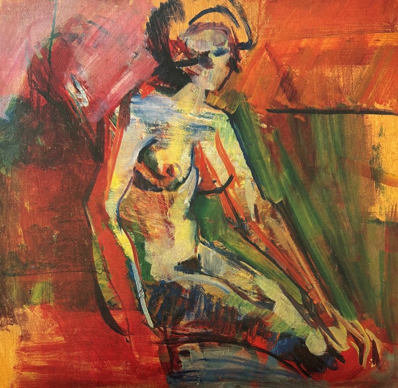 We see a nude woman in profile, sitting. The painting is rendered in shades of red and green, blending into yellow and blue.